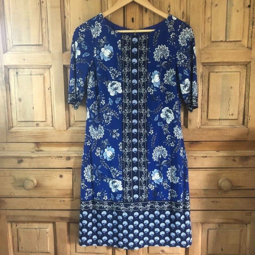 Eliza J Navy Blue White Floral Dress Short Sleeve Shift Office Womens Size 4